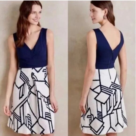 Anthropologie HD in Paris Ardmore Geometric Dress White Navy 10 - Picture 1 of 9